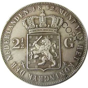 Hollandia,1852-ben 2 1/2 Guldent Willem lll Ezüst Bevonatú Másolás Dekoratív Érme